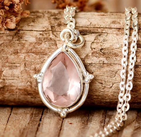 genuine rose quartz teardrop gemstone sterling silver 18" necklace for women available at boho magic