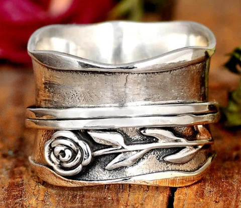 sterling silver rose design spinner fidget ring for women available at boho magic