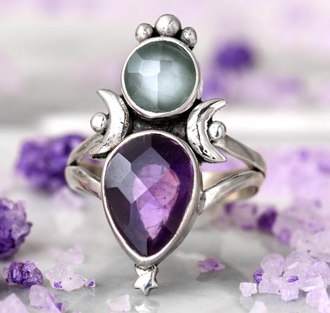 genuine aquamarine and amethyst star and moon gemstone sterling silver ring for women available at boho magic