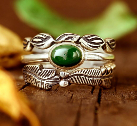 genuine malachite gemstone and sterling silver leaf stacking ring set for women available at boho magic