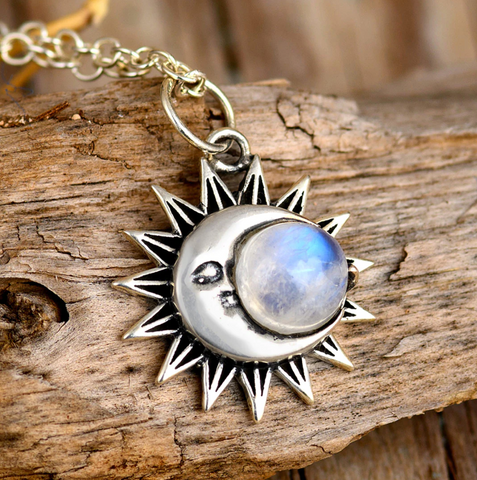 sterling silver genuine gemstone moonstone sun and moon necklace for women available at boho magic