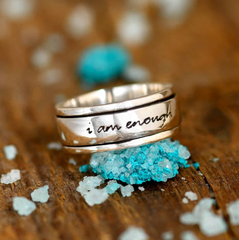 sterling silver genuine gemstone empowering spinner fidget ring engraved with "I am Enough" for women available at boho magic