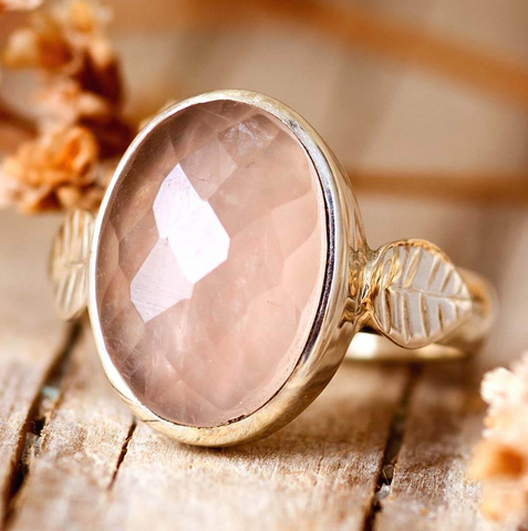 genuine gemstone Rose Quartz Leaf Ring Sterling Silver for women available at boho magic