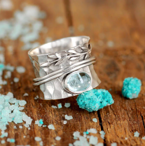 Aquamarine Leaf Spinner ring Sterling Silver genuine gemstone rings for women available at boho magic