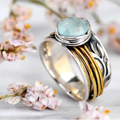 Aquamarine Spinner Ring Inspired by Nature Sterling Silver genuine gemstone rings for women available at boho magic