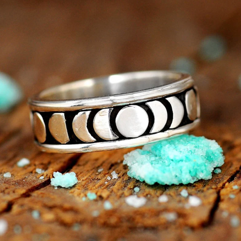 Moon phase sterling silver spinner ring for women available at boho magic