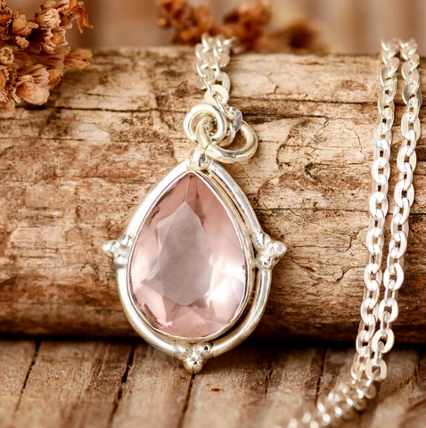 Sterling silver and rose quartz necklace for boho fashion and women available at Boho Magic