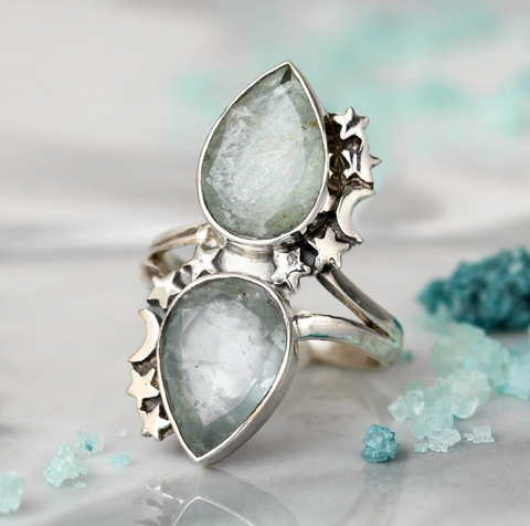 Sterling silver aquamarine celestial ring for boho fashion and women available at Boho Magic