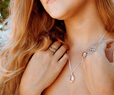 Sterling silver and rose quartz necklace for boho fashion and women available at Boho Magic