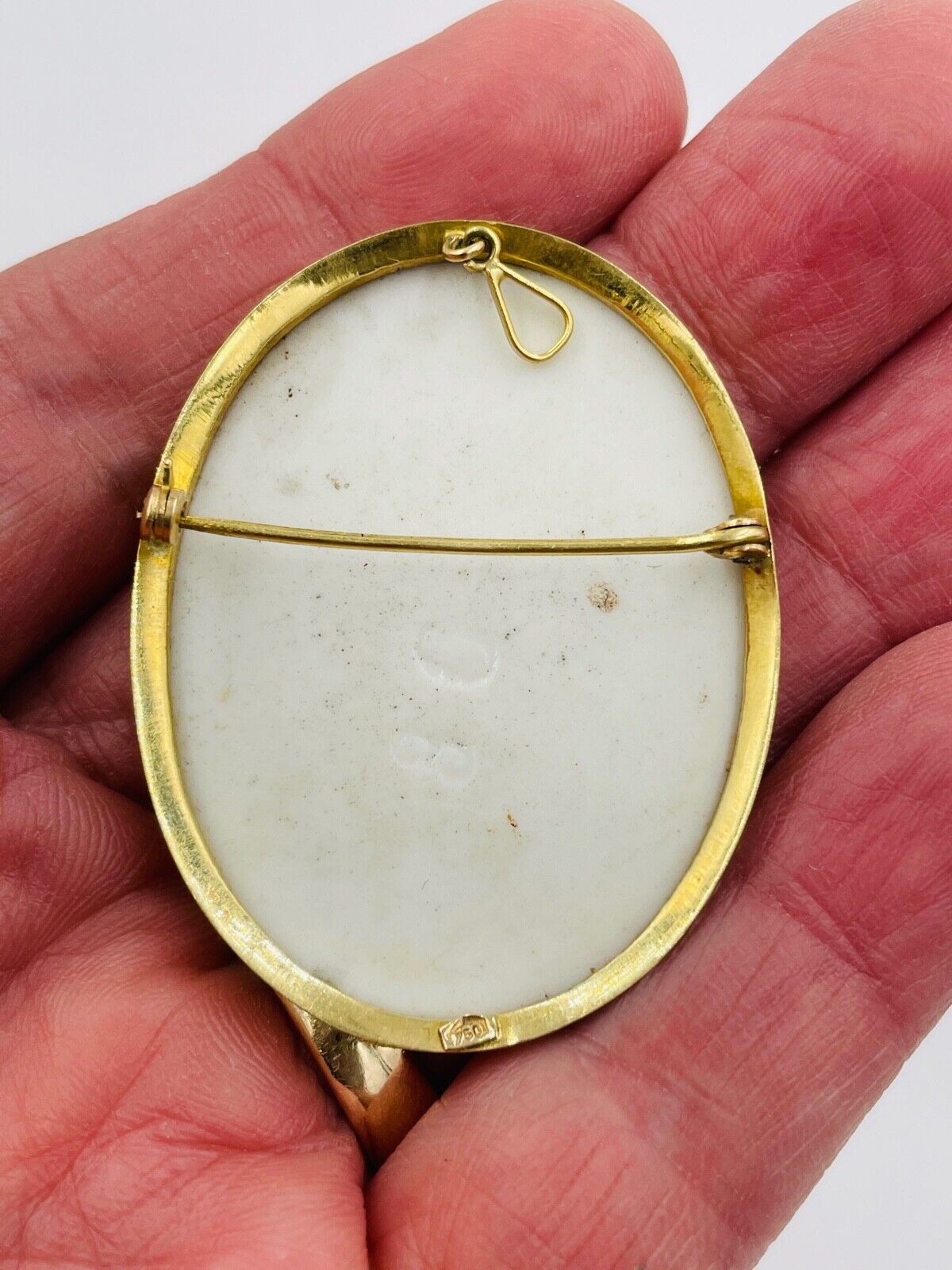 Antique Vintage 18k Yellow Gold Painted Porcelain Oval Pendant Pin Brooch