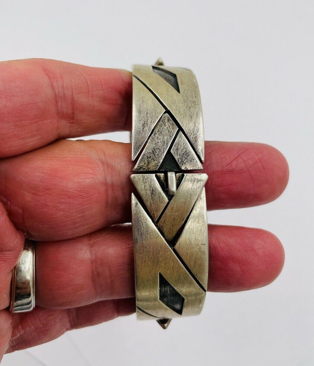 Vintage Mexican Taxco 925 Sterling silver geometric panel Bracelet signed JJ