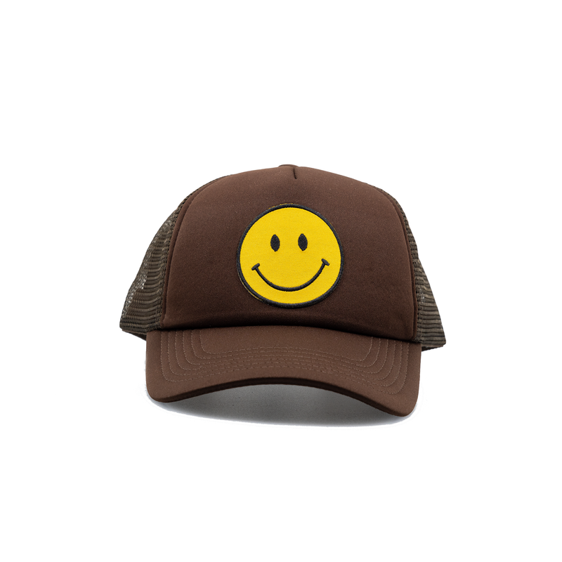 smiley face trucker hat brown