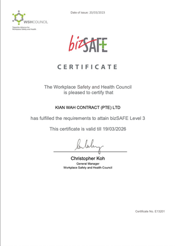 bizsafe 3 certification homeshake kian wah pte ltd singapore