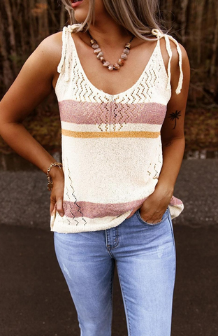 textured knit tank top with self shoulder ties