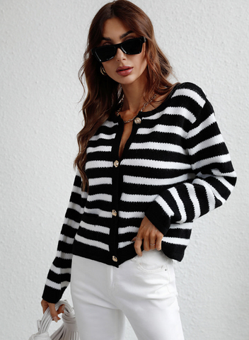 Black & White Knitted Stripped Cardigan