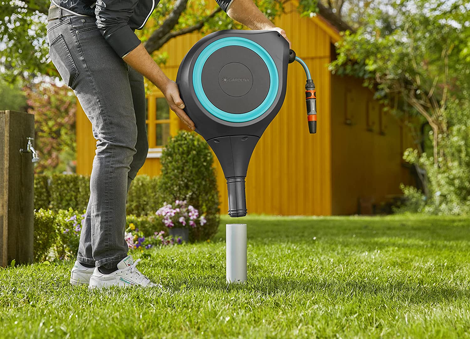 GARDENA Wall Mounted Retractable Hose Reel, 115 feet, Black and Turquoise,  price tracker / tracking,  price history charts,  price  watches,  price drop alerts