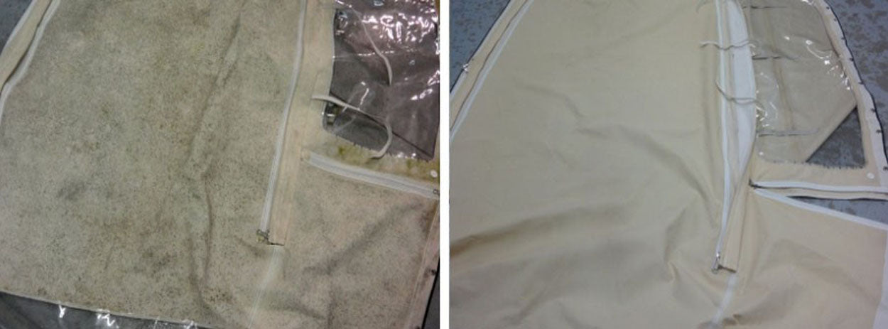Boat cover with and without weather stains