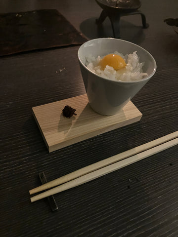 zawacoffee Open at night Iron chopstick rest White porcelain rice bowl Quail egg over rice