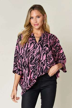 Double Take Full Size Printed Notched Three-Quarter Sleeve Blouse - Shop With Bonney