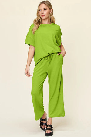Double Take Full Size Texture Round Neck Short Sleeve T-Shirt and Wide Leg Pants - Shop With Bonney