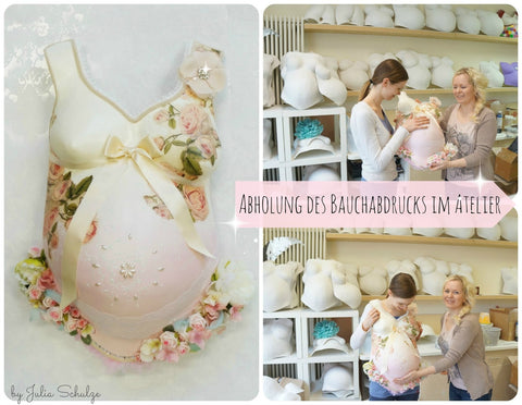 Gipsabdruck Babybauch im romantischen Design rosa Rosen Schleife Atelier Babybauch Julia Schulze