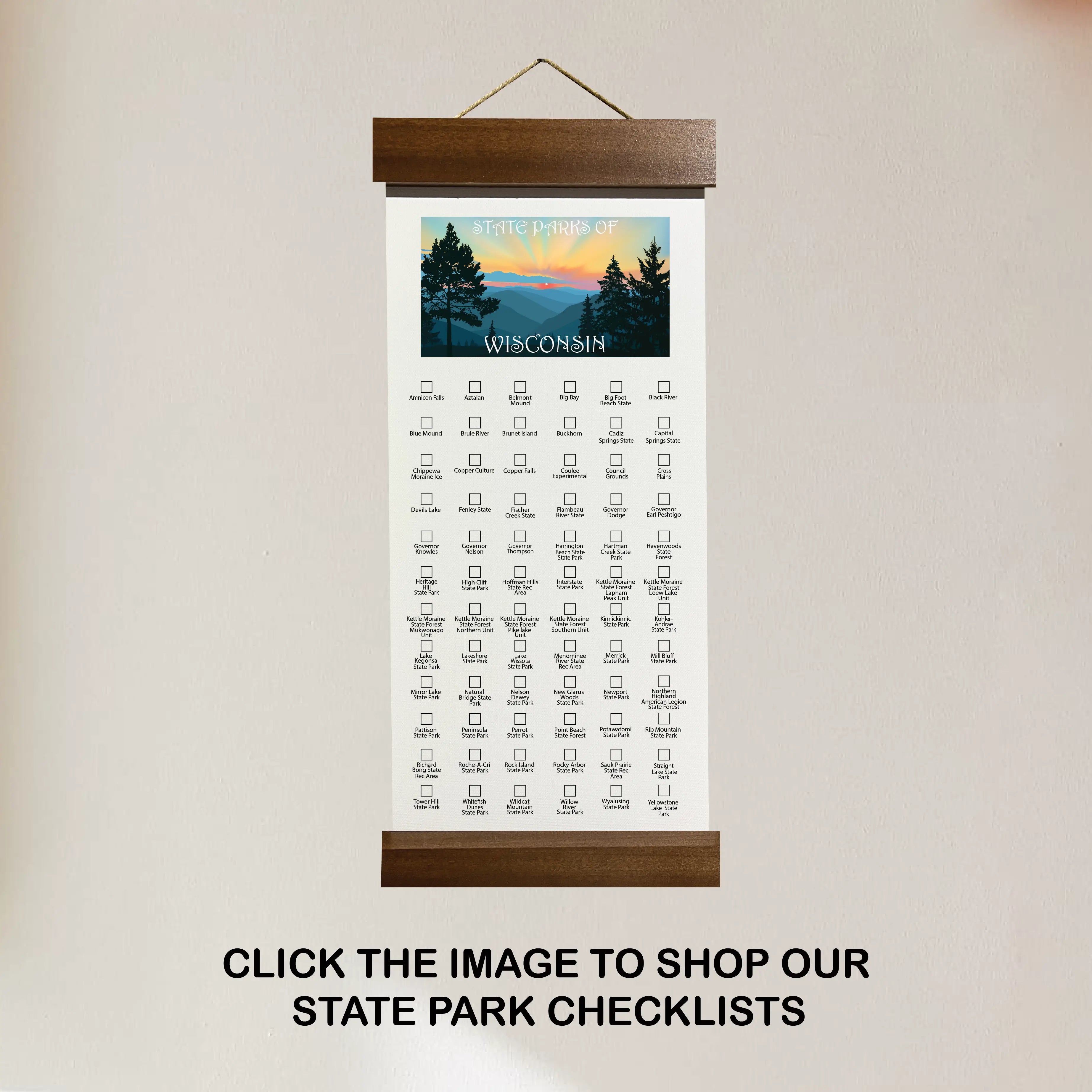 a wisconsin state park checklist poster that has a digital illustration of rolling hills