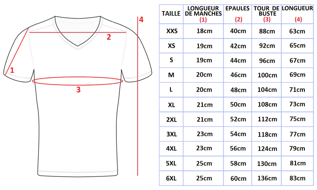 guide des tailles pour tee shirt - horizontal