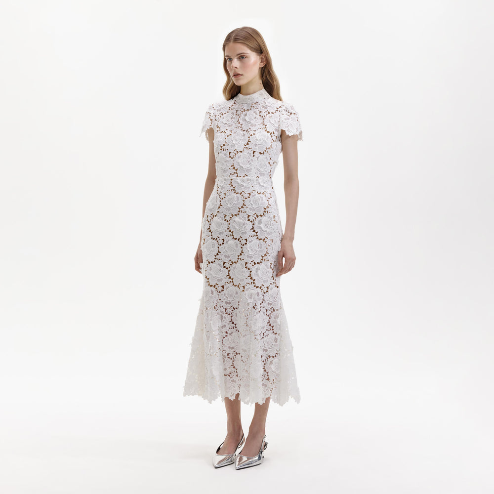 Cream Cord Lace Bow Midi Dress – self-portrait