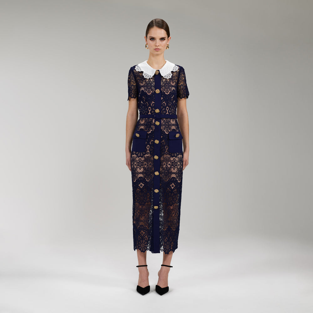 Navy Vintage Floral Midi Dress – self-portrait-US