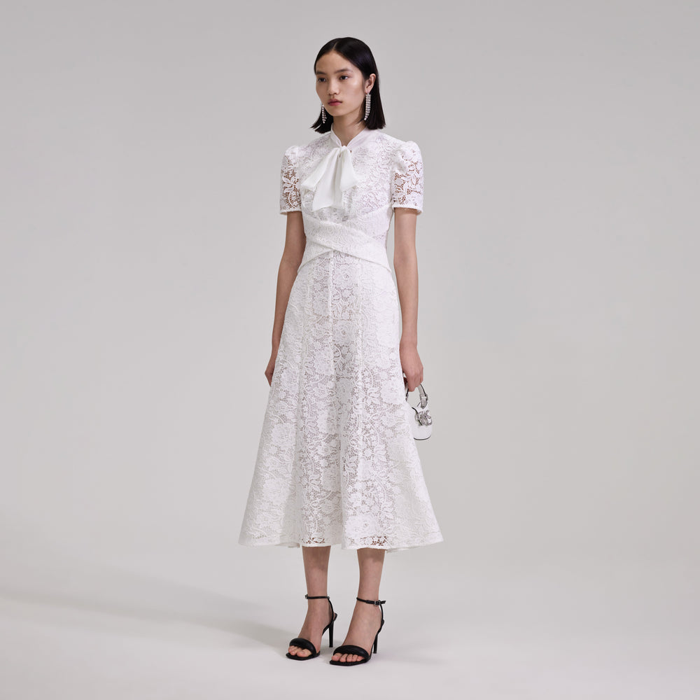 Cream Cord Lace Bow Midi Dress – self-portrait