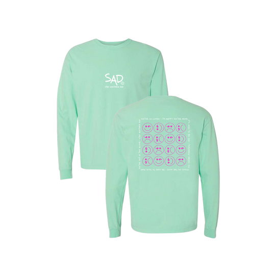 Multi Smiley Face Pink Screen Printed Mint Long Sleeve -   Mental Health Awareness Clothing