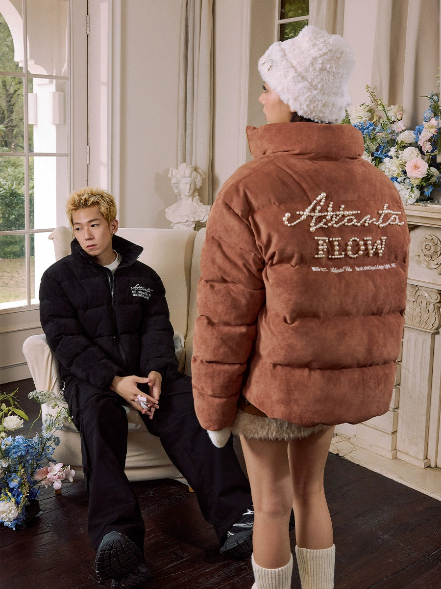 Harsh and Cruel Basic Pearl Embroidered Suede Puffer Jacket