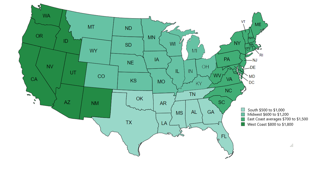 Map showing average costs for full body laser hair removal across different regions of the USA.