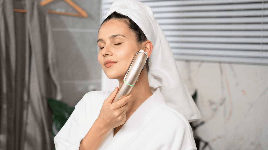 Woman in a white robe using the JOVS Slimax beauty device on her face for skincare routine
