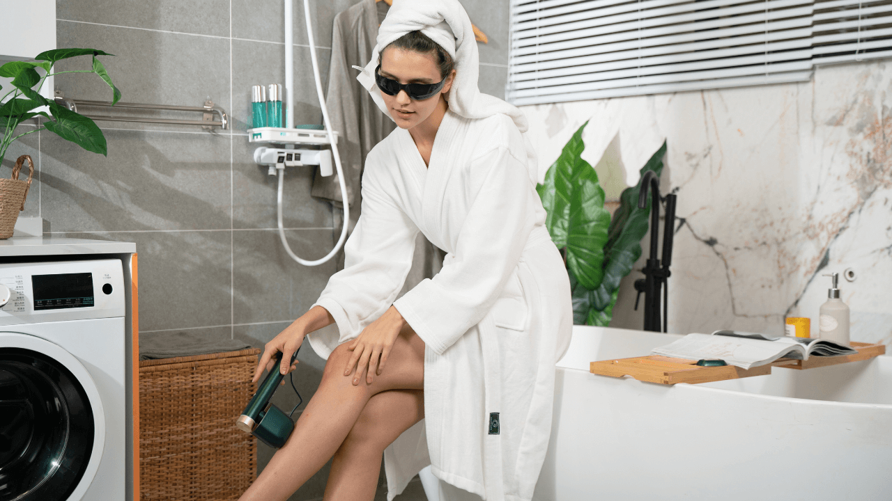A woman in a white bathrobe and towel on her head, wearing goggles, is using JOVS Venus Pro II IPL Hair Removal Device on her leg.