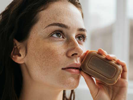 woman holding soap close to face