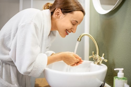 Woman washing her face in sink