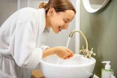 Woman happily washing her face