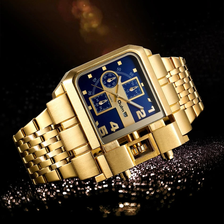 4 unids/set Oulm, relojes de zona multihorario, juegos de regalos, reloj para hombre, pulsera de cristal de acero inoxidable dorado de lujo, reloj para hombre, conjunto de regalo