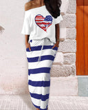 Heart Flag Print Casual Top & Striped Skirt Set