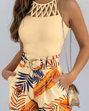 Hollow Out Tank Top & Tropical Print Shorts Set With Belt