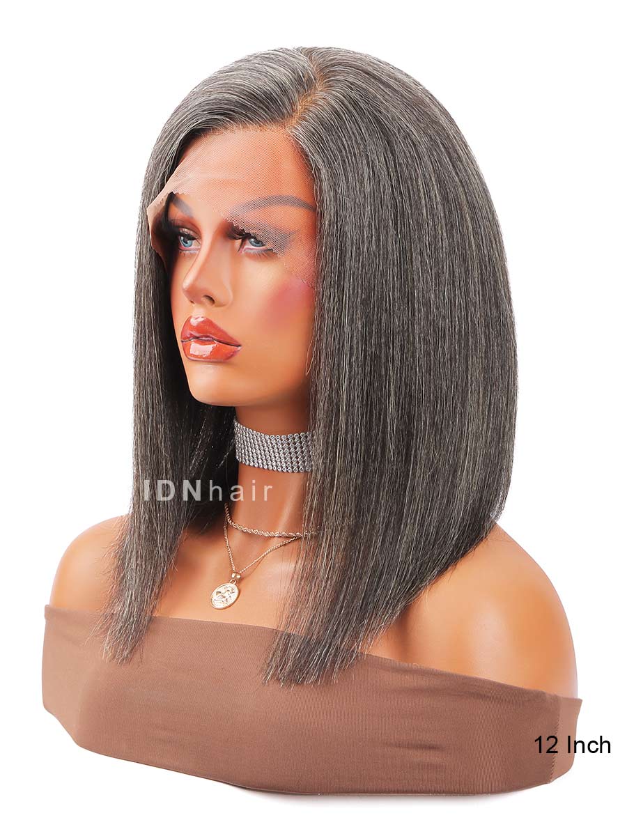 Janet Salt And Pepper Glueless Yaki Straight Bob Wig Gray Human Hair B Idnhair