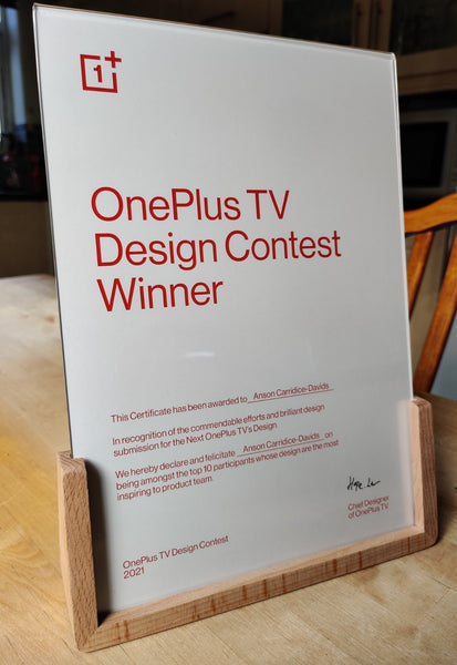 OnePlus TV Design contest winner certificate 