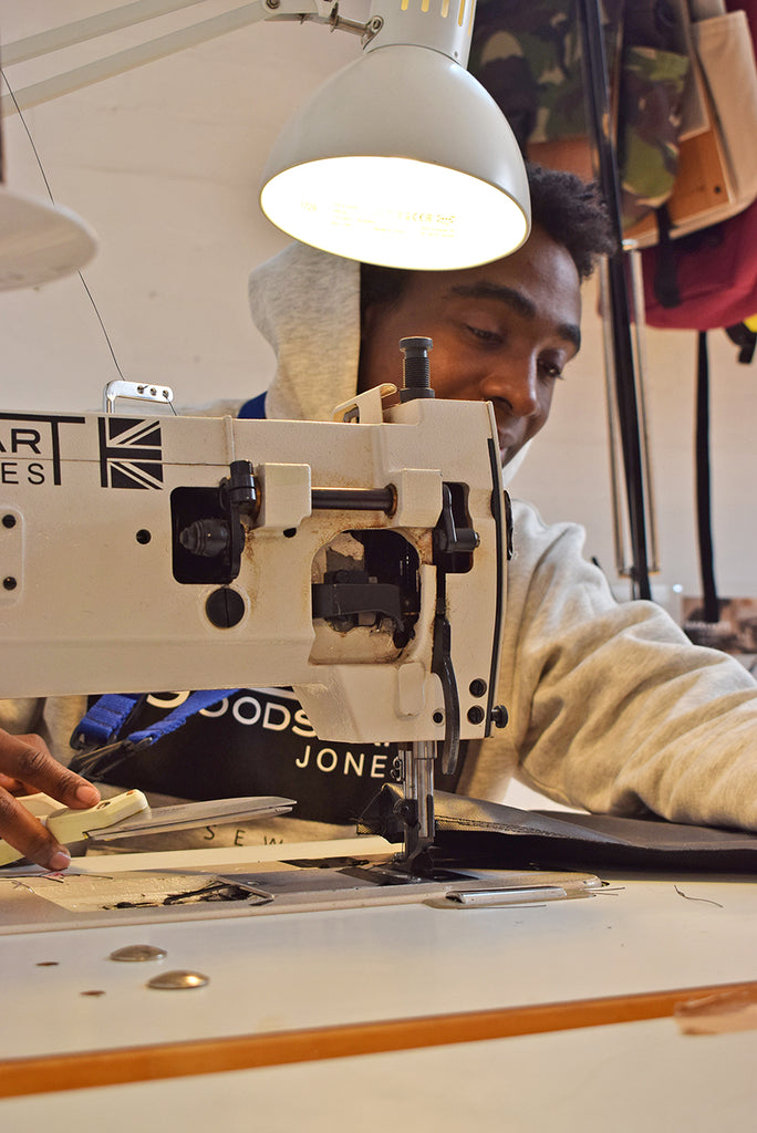 walking foot sewing machine used by Goodstart Jones making tote bag 