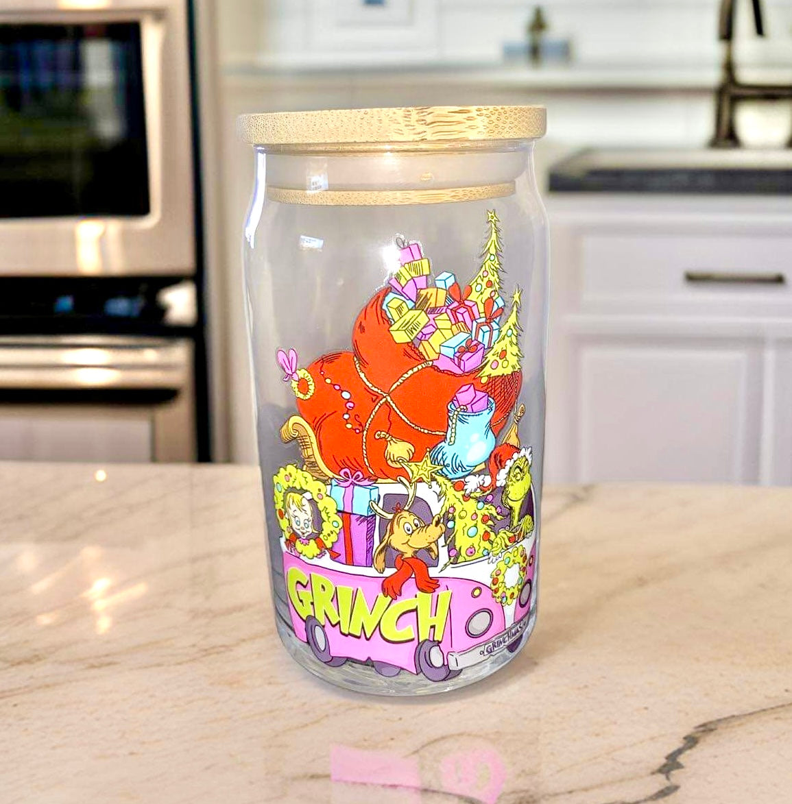 Grinchy Bus- Glass Cup