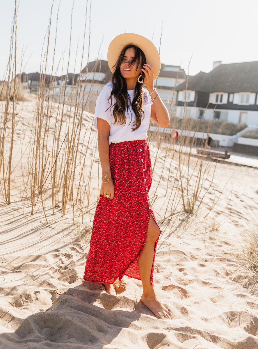 Red Alicia Skirt with Flowers – Easy Clothes North America