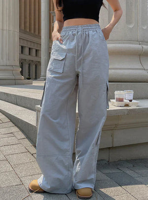 MULTI-POCKET ELASTIC HIGH WAIST LOOSE STRAIGHT PANTS - necbe