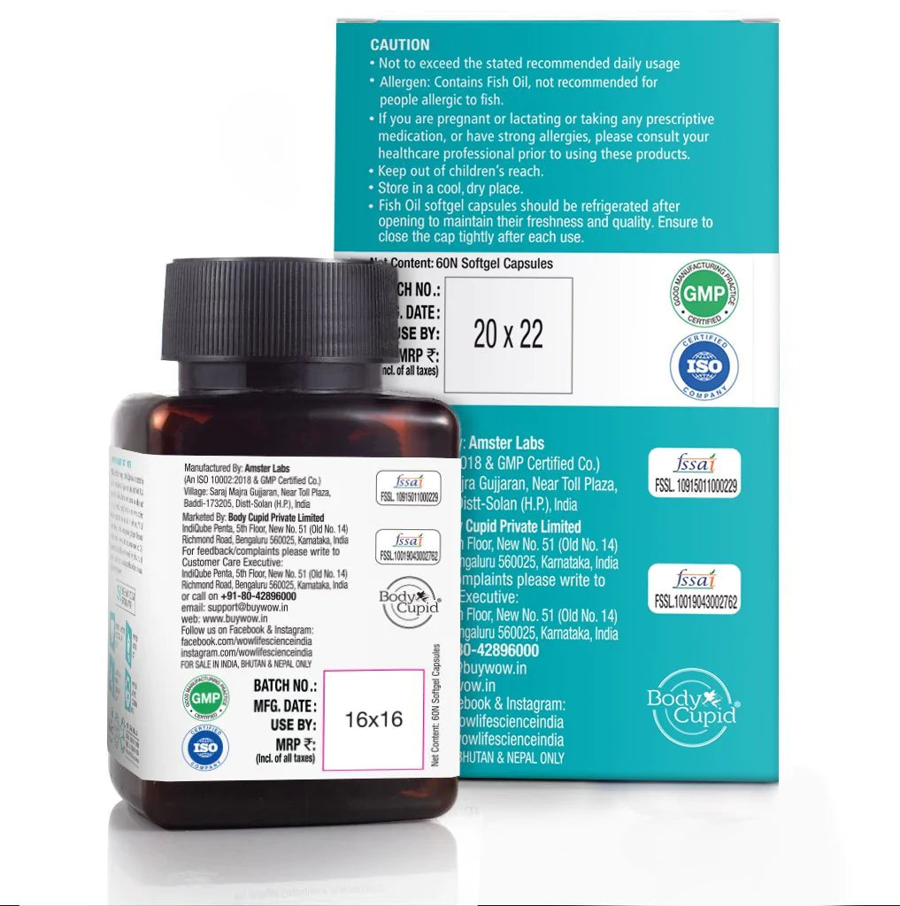 WOW Life Science Heart Health Combo - Omega-3 Soft Gel (Non-Veg) 60 caps + Vitamin K2 100mcg - 60 caps