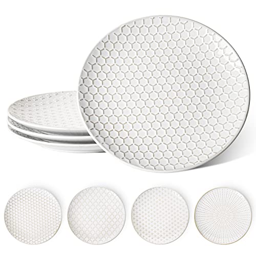 LE TAUCI Dinner Plates 10 Inch, White Pasta Plates, House Warming and Wedding Gift, Ceramic Embossed Plate Set for Kitchen Decoration, Microwave, Oven, and Dishwasher Safe - Set of 4, Arctic white