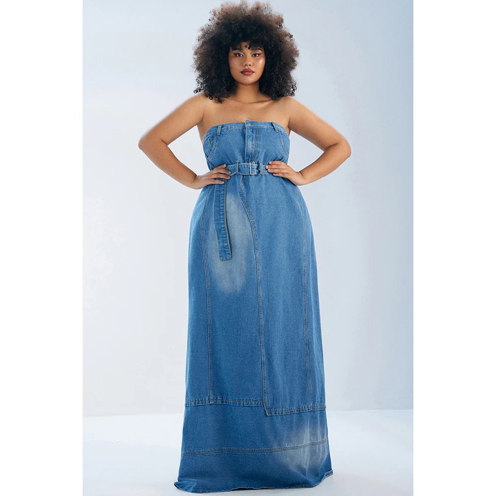 Plus Size Off-Shoulder Denim Dress for Autumn Holidays